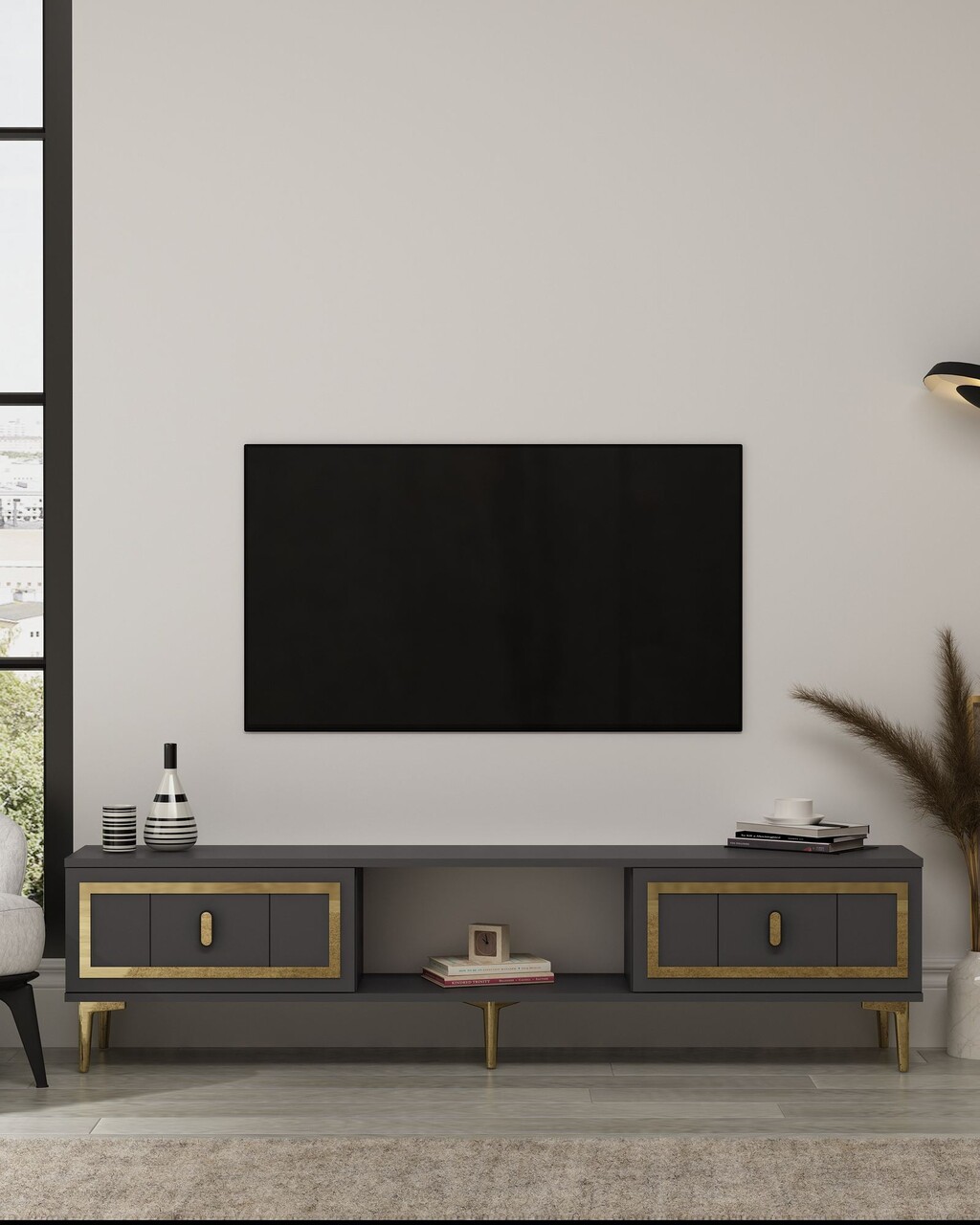 Comoda TV, Hanah Home, Orion, 150x44.6x29.6 cm, PAL , Antracit / Aur - imagine 7